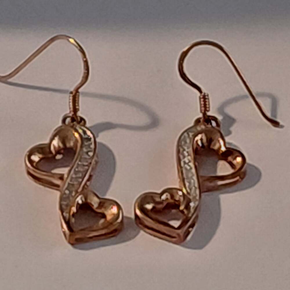 sterling silver with rose gold plate double heart bling dangle earrings